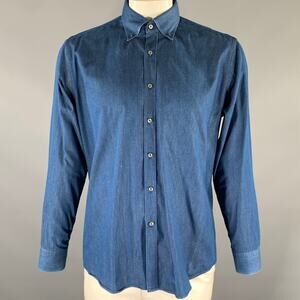 TOD'S Size L Navy Heather Cotton Button Down Long Sleeve Shirt